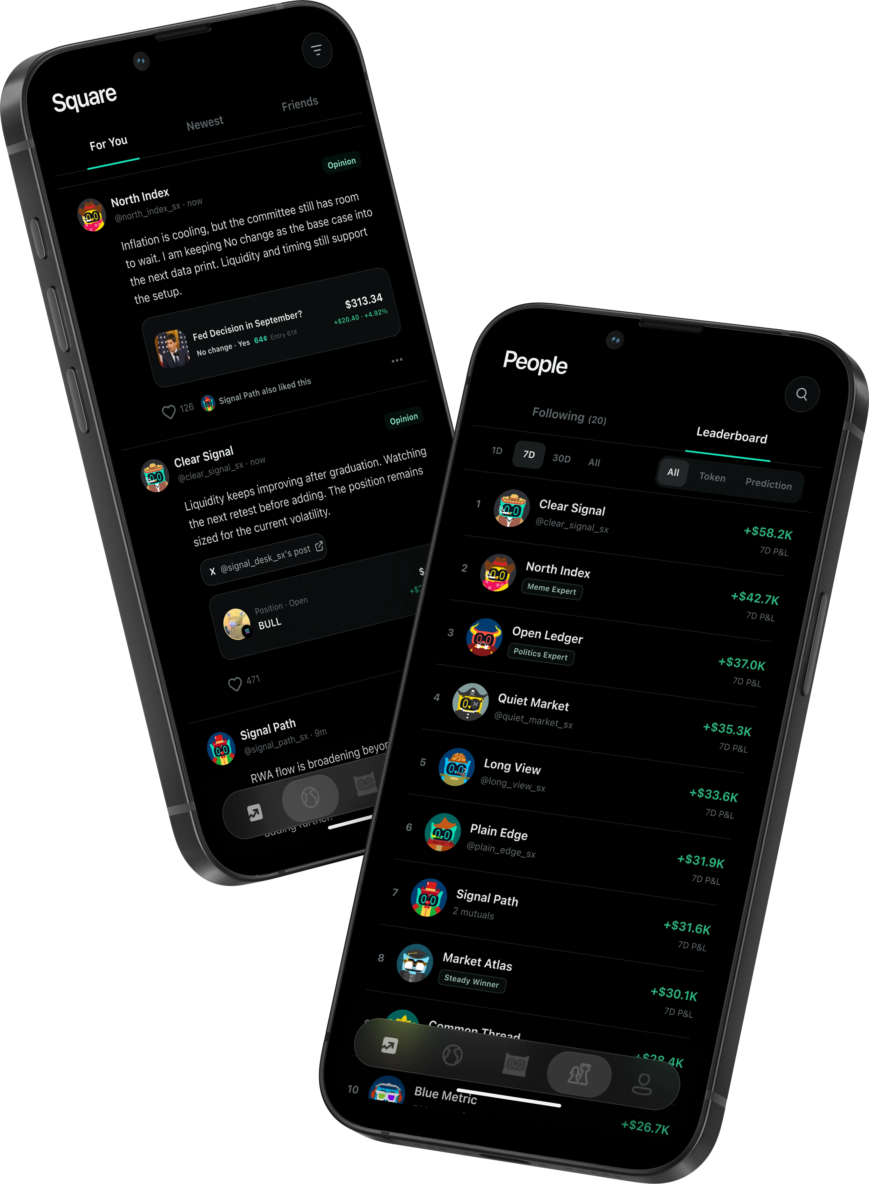 SmartX Square and People screens showing a verified social feed and trader leaderboard