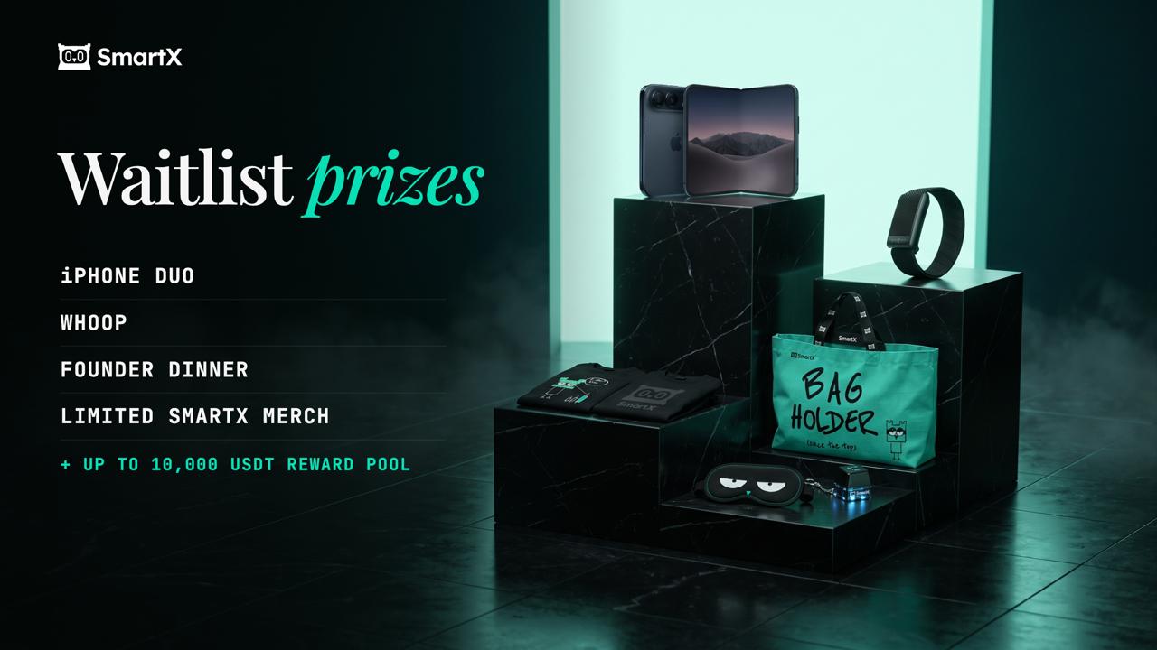 SmartX Waitlist prizes: iPhone Duo, WHOOP, founder dinner, limited SmartX merch and a reward pool of up to 10,000 USDT.